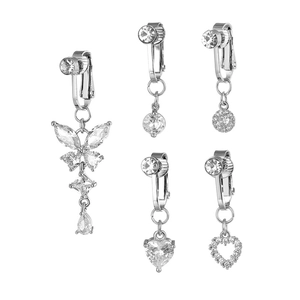 Set di orecchini a clip in metallo argento con pendenti a farfalla e cuore in zircone