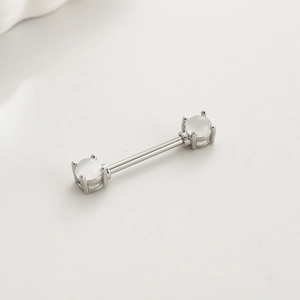 Polished stainless steel nipple ring bar with clear round stones in four-prong settings