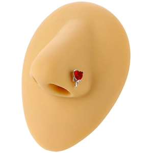 L-shaped nose stud with red heart zircon and gun design on silicone nose model