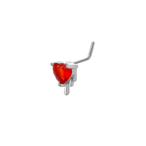 L-shaped heart nose stud featuring a red opal stone and silver decorative element