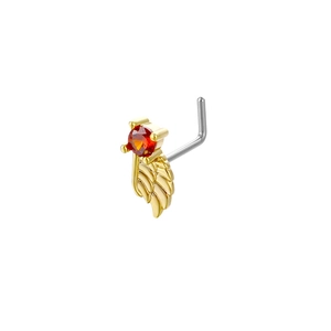 Detail view of L-shaped nose stud with gold feather design and red cubic zirconia