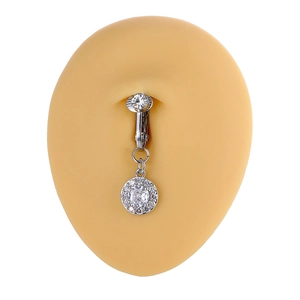 Finto piercing per ombelico argento con ciondolo tondo in zirconia su base in silicone
