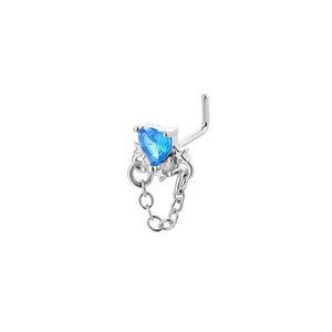 Silver L-shaped nose stud featuring a blue heart gemstone and dangling chain detail