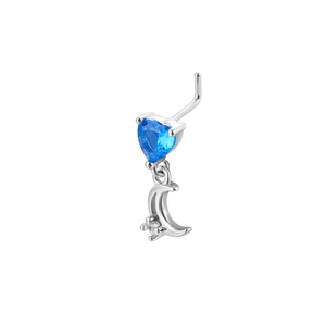 Detailed view of silver L-shaped nose stud with blue heart zircon and crescent moon charm