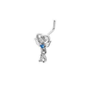 Detailed close-up of L-shaped silver nose stud with heart frame and blue teardrop stone