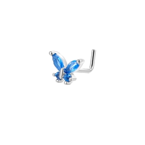 L-shaped copper nose stud featuring a detailed blue cubic zirconia butterfly design