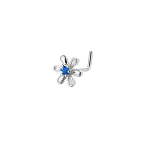 Detailed view of L-shaped nose stud with silver daisy flower and blue zircon stone