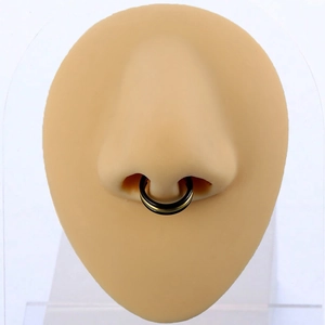 Dual hoop nose ring with black and gold stainless steel finish shown on model