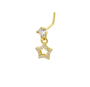 Detailed view of a gold L-shaped nose stud with a hollow star pendant and sparkling zircons