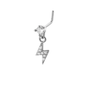 L-shaped silver nose stud featuring a sparkling lightning bolt pendant with clear cubic zirconia