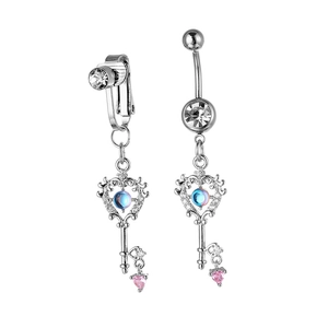 Koperen Hart Sleutel Navelring Met Blauwe Zirkonia Roze Hart Hanger Strass Ingelegd Sexy Lichaamspiercing Sieraden Voor Vrouwen