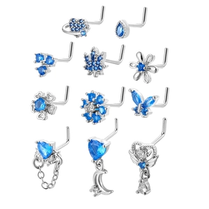 Copper L-Shape Nose Stud For Women Piercing Jewelry Stainless Steel Post Inlaid Blue Zirconia Heart Butterfly Flower Style