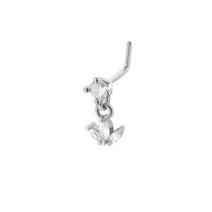 Detailed macro view of silver L-shaped nose stud with hanging marquise crystal pendant