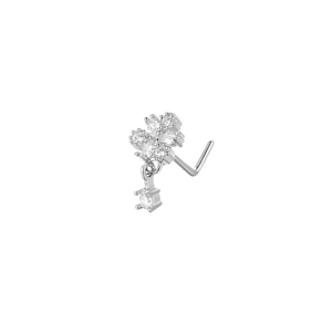 L-shaped copper nose stud with zircon flower design and a dangling square crystal charm