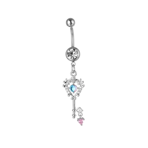 Zilveren hart-sleutel navelpiercing met roze hanger en cubic zirconia stenen