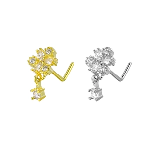 L-shaped flower nose studs with cubic zirconia drop pendants in gold and silver