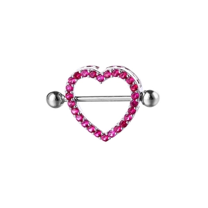 Dettaglio anello per capezzolo a cuore argento con zirconi rosa e barra dritta