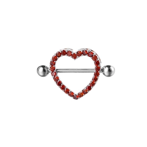 Anello per capezzolo in acciaio 16G argento con cornice a cuore rosso e pietre preziose