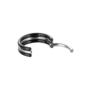 Three-layered hinged clicker ring in black and silver stainless steel for nose or ear piercing