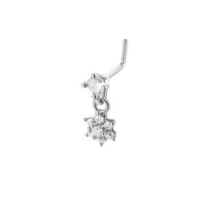 20G L-shaped nose stud with silver metal finish and dangling crystal flower charm