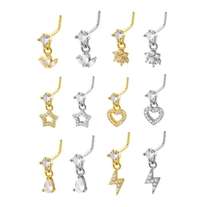 Copper Zirconia L-Shaped Nose Stud With Heart Star Flower Dangle Pendant Stainless Steel Body Piercing Jewelry For Women Men