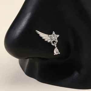 Star and feather wing nose ring with hanging teardrop zircon on black model