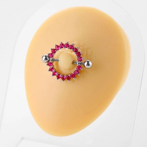 Piercing capezzolo in acciaio 16G con cerchio di pietre rosa su bilanciere dritto argento