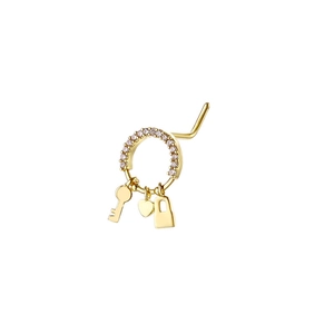 Detailed view of L-shaped nose stud featuring pink zircon ring with key, heart, and lock charms
