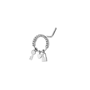 L-shaped nose stud with zircon ring featuring heart, key, and lock charms in silver finish