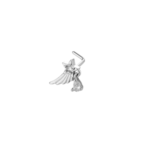 L-shaped silver star nose stud with wing detail and dangling teardrop cubic zirconia