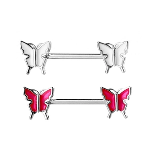 Polished stainless steel butterfly nipple rings set with white and pink oil drip finish