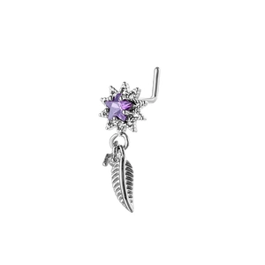 L-shaped nose stud featuring purple star gemstone and silver leaf dangle pendant