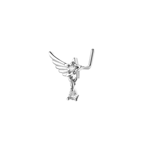 L-shaped silver nose stud featuring star and wing design with cubic zirconia stones
