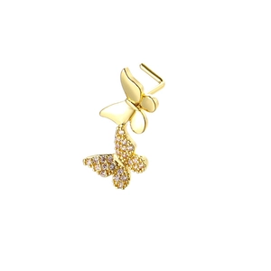 Detailed close-up of a 20G L-shaped gold nose stud with pink and white zircon butterflies