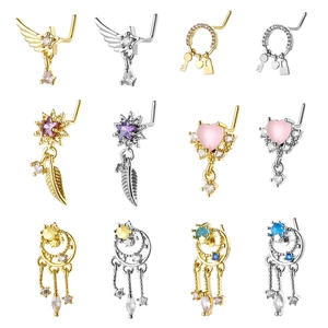 20G L-Shaped Copper Zircon Nose Stud For Women Star Moon Heart Wings Dangle Body Piercing Jewelry Gold Silver Nose Ring