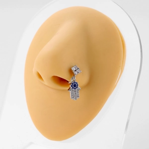 Evil eye Hamsa hand nose ring with blue zircon inlay and silver plated finish