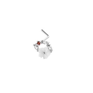 L-shaped nose stud with white shell flower petals and red ruby zircon accents