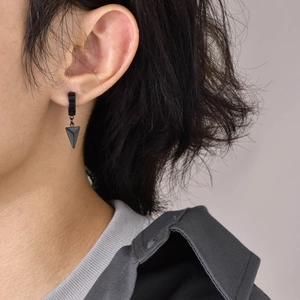 Men's black stainless steel hoop earring with a 3D triangle pendant for punk street style
