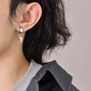 Polished stainless steel hoop earring with a triangular cone pendant for a minimalist look