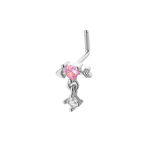 Clou de nez en L avec zircon coeur rose et pendentif en pierre carrée claire