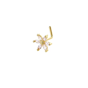 Detailed view of L-shaped gold nose stud featuring a sparkling zircon flower head design