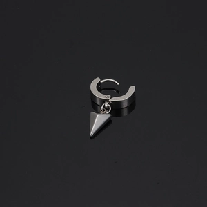 Detail of gun-grey brushed stainless steel hoop earring with a triangle pendant charm