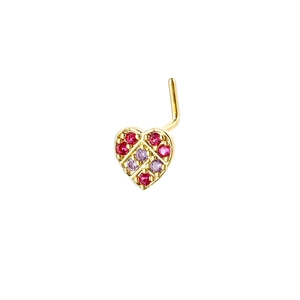 L-shaped gold nose stud with heart-shaped design and purple and red stones on white background