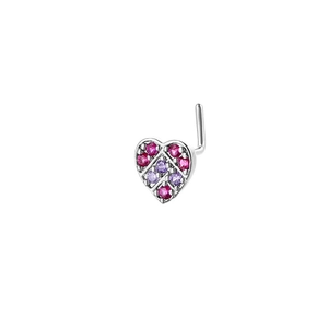 L-shaped heart nose stud with magenta and purple rhinestones in silver finish