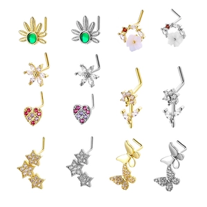 L-Shaped Copper Nose Studs With Zirconia Butterfly Heart Star Design Sexy Body Piercing Jewelry For Women Fashion Gift