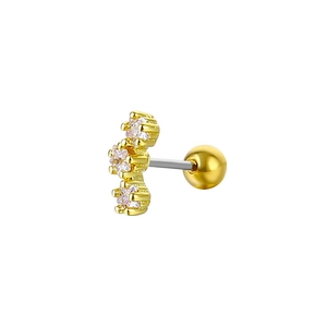 Detail view of gold stud earring with three vertical pink zircons and screw back ball closure