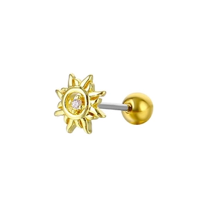 Macro view of golden sunburst stud earring with zircon stone and screw ball back
