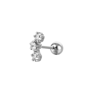 Close-up of silver stud earring featuring three micro-set zircons and a secure ball screw back