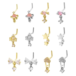 Lot de 12 piercings de nez en forme de L dorés et argentés avec étoiles et zircons