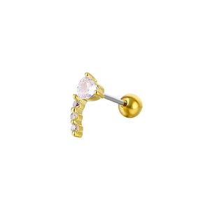 Detail of gold heart-shaped zircon ear stud with arc-shaped accent stones and screw ball back